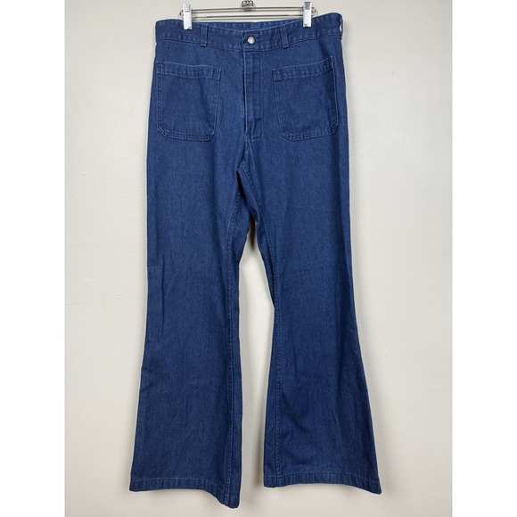 Vtg 70s US Navy Seafarer Bell Bottom Wide Leg Flare Denim Sailor Trousers Pants